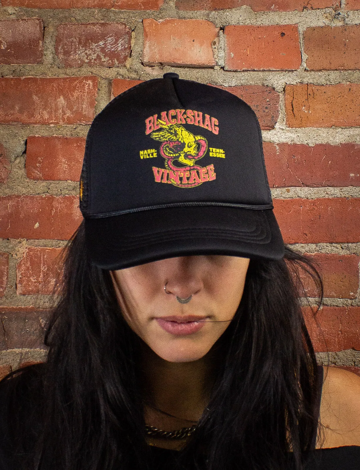 Black Shag Vintage Winged Skull   Snake Trucker Hat