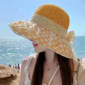 Lace Bow Straw Fisherman Hat Summer Outdoor Sunhat With Large Brim Anti-UV Sunshade And Face Protection Hat