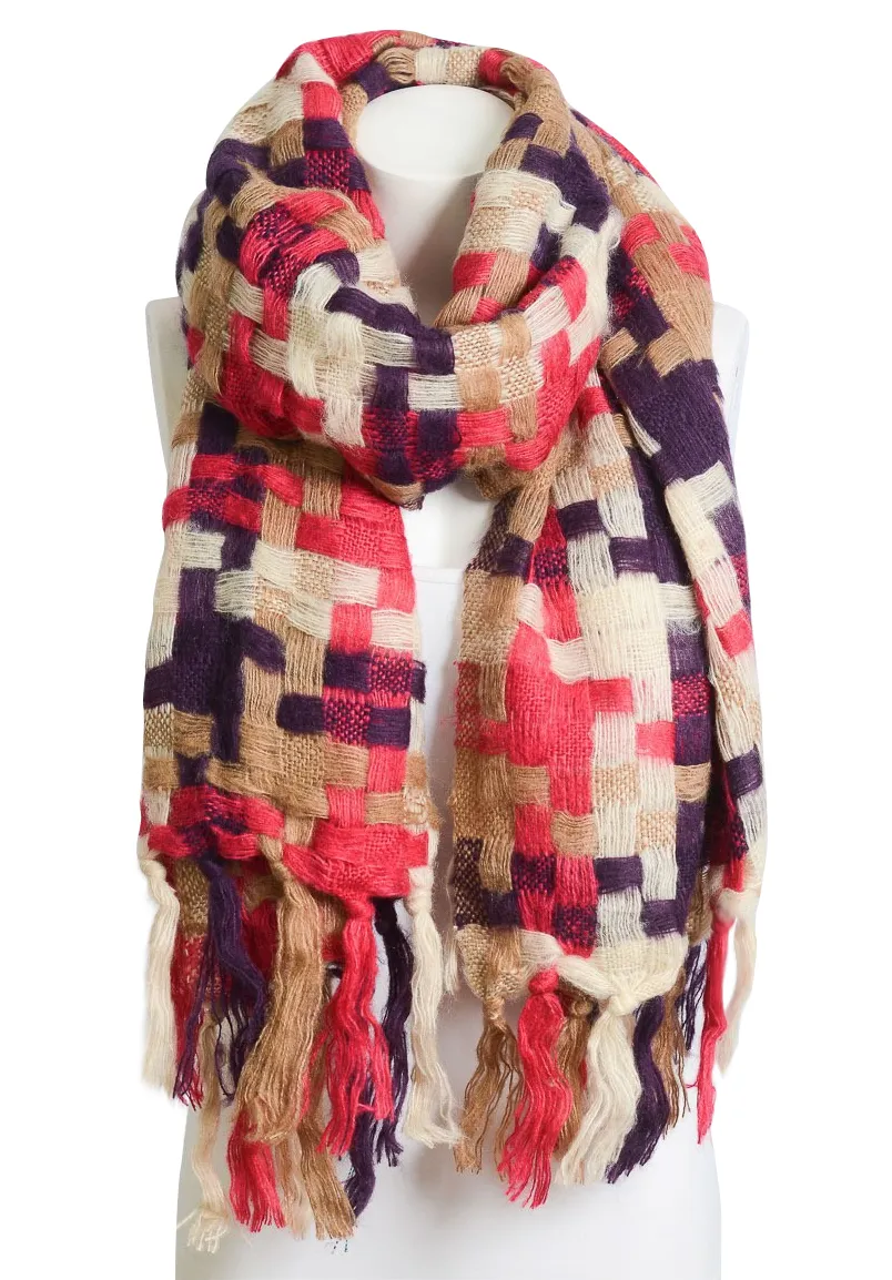 Warm Fuchsia & Purple Mix Patchwork Long Tassel Scarf