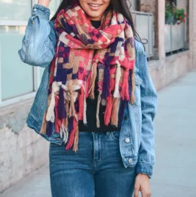 Warm Fuchsia & Purple Mix Patchwork Long Tassel Scarf
